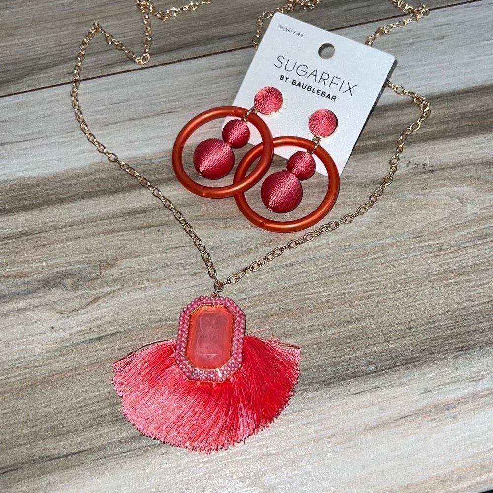 Sugarfix Necklace Earrings Set Womens Pink Cork 30-34 Inch Chain Bohemian